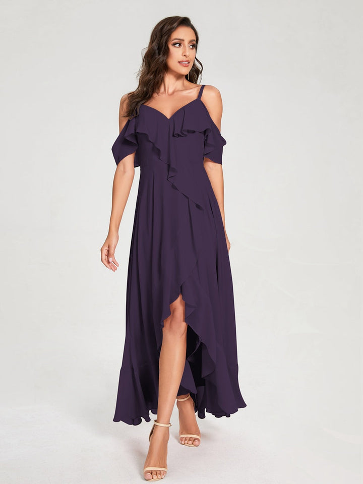 Ligne A/Princesse Bretelles Spaghetti Col en V Manches Courtes Asymétrique Bridemaid Robes avec Froufrous