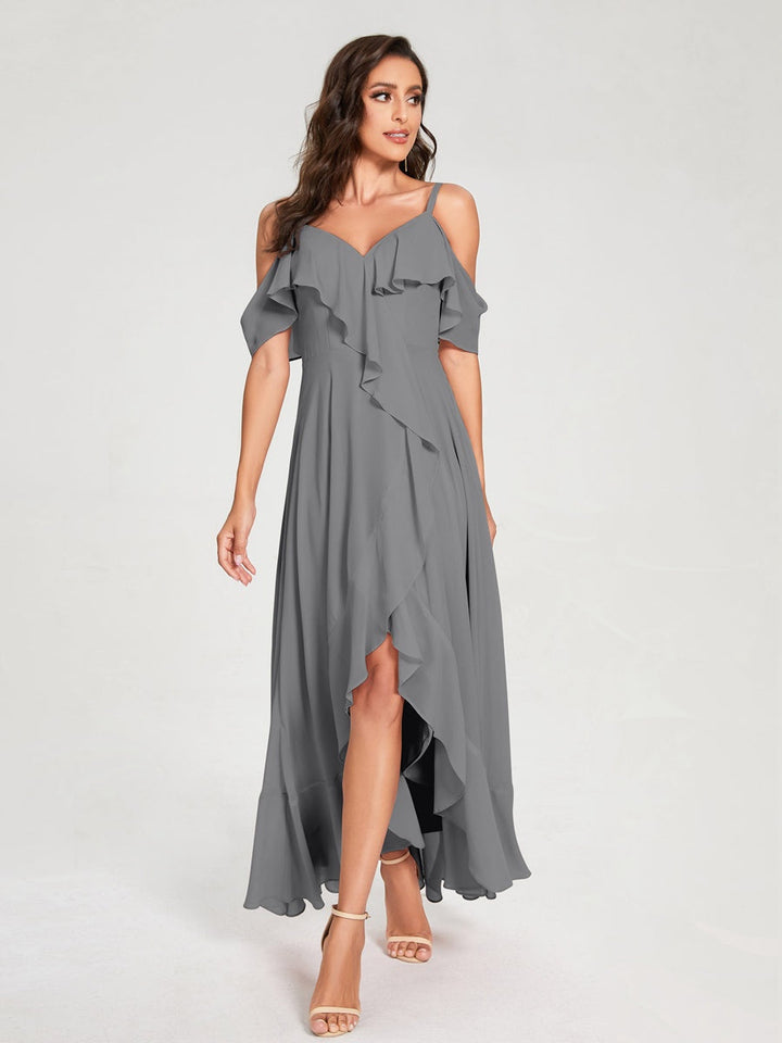 Ligne A/Princesse Bretelles Spaghetti Col en V Manches Courtes Asymétrique Bridemaid Robes avec Froufrous