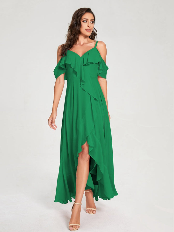 Ligne A/Princesse Bretelles Spaghetti Col en V Manches Courtes Asymétrique Bridemaid Robes avec Froufrous