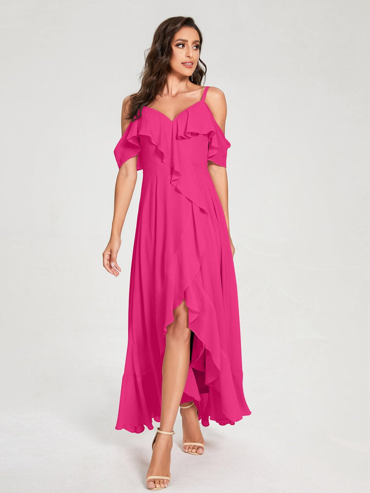 Ligne A/Princesse Bretelles Spaghetti Col en V Manches Courtes Asymétrique Bridemaid Robes avec Froufrous