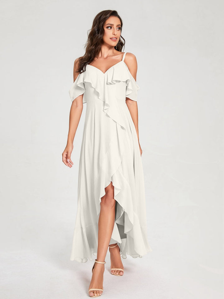 Ligne A/Princesse Bretelles Spaghetti Col en V Manches Courtes Asymétrique Bridemaid Robes avec Froufrous