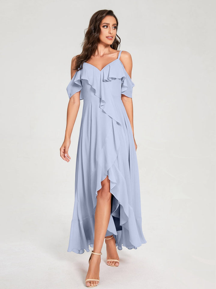 Ligne A/Princesse Bretelles Spaghetti Col en V Manches Courtes Asymétrique Bridemaid Robes avec Froufrous