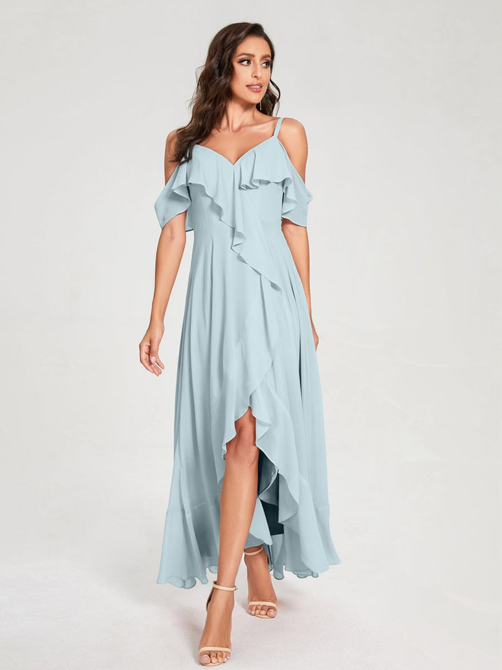 Ligne A/Princesse Bretelles Spaghetti Col en V Manches Courtes Asymétrique Bridemaid Robes avec Froufrous