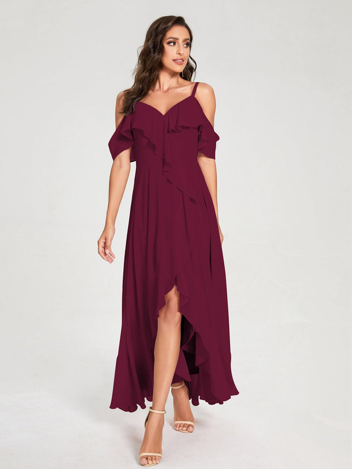 Ligne A/Princesse Bretelles Spaghetti Col en V Manches Courtes Asymétrique Bridemaid Robes avec Froufrous