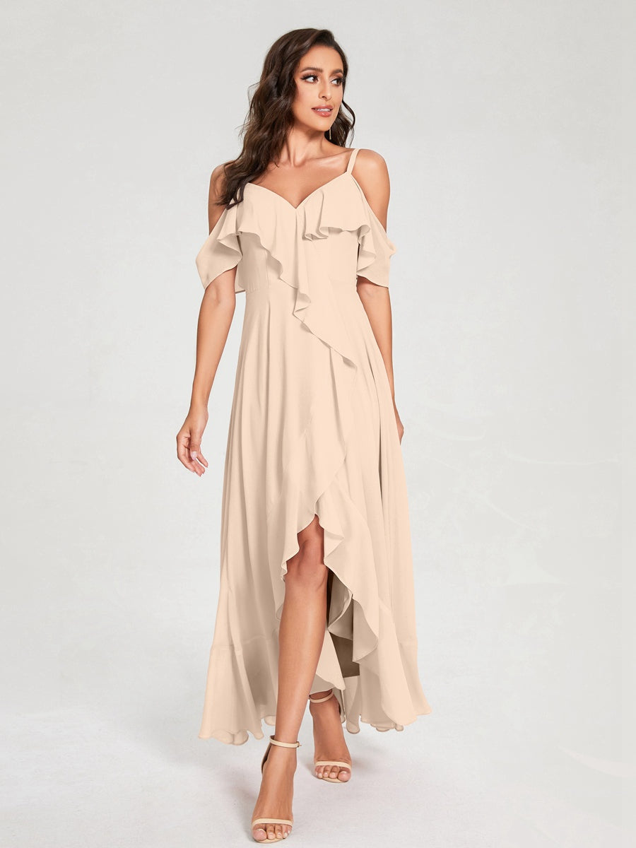 Ligne A/Princesse Bretelles Spaghetti Col en V Manches Courtes Asymétrique Bridemaid Robes avec Froufrous