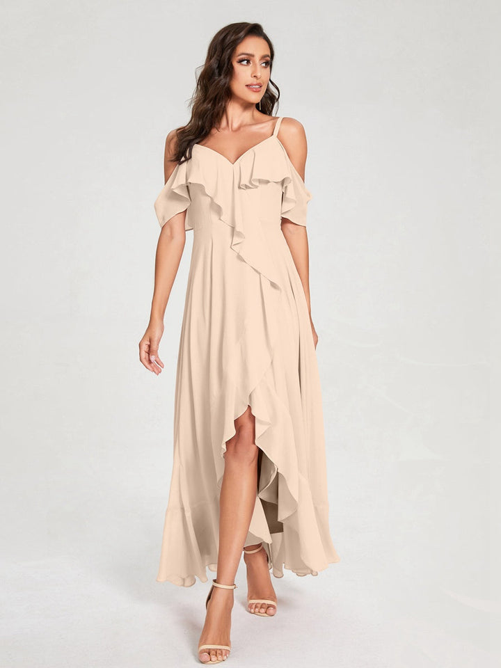Ligne A/Princesse Bretelles Spaghetti Col en V Manches Courtes Asymétrique Bridemaid Robes avec Froufrous