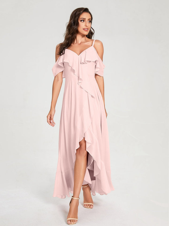 Ligne A/Princesse Bretelles Spaghetti Col en V Manches Courtes Asymétrique Bridemaid Robes avec Froufrous