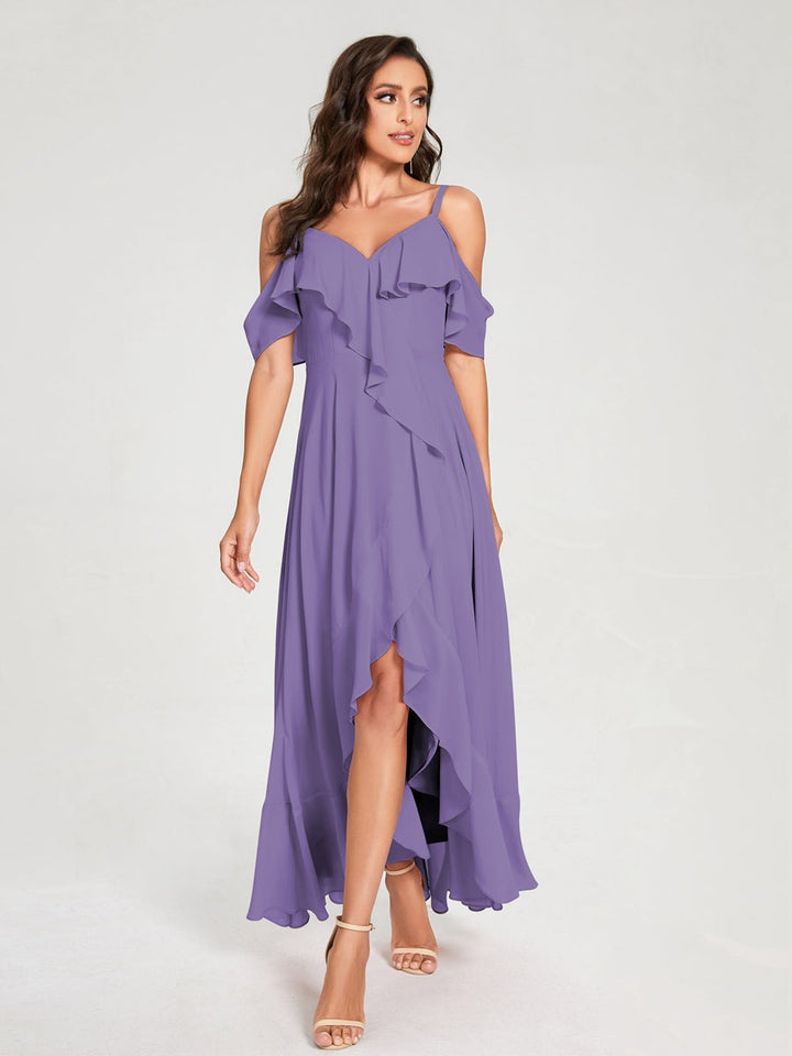 Ligne A/Princesse Bretelles Spaghetti Col en V Manches Courtes Asymétrique Bridemaid Robes avec Froufrous