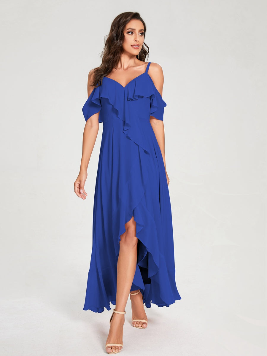 Ligne A/Princesse Bretelles Spaghetti Col en V Manches Courtes Asymétrique Bridemaid Robes avec Froufrous