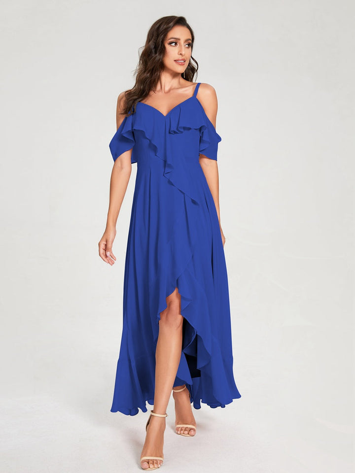 Ligne A/Princesse Bretelles Spaghetti Col en V Manches Courtes Asymétrique Bridemaid Robes avec Froufrous