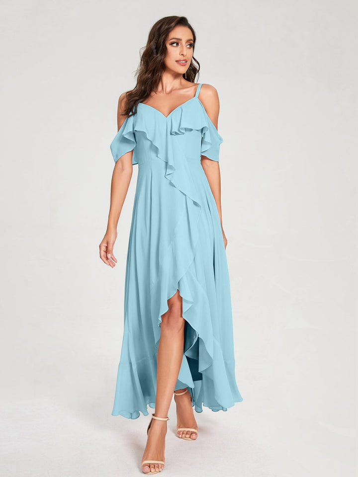Ligne A/Princesse Bretelles Spaghetti Col en V Manches Courtes Asymétrique Bridemaid Robes avec Froufrous