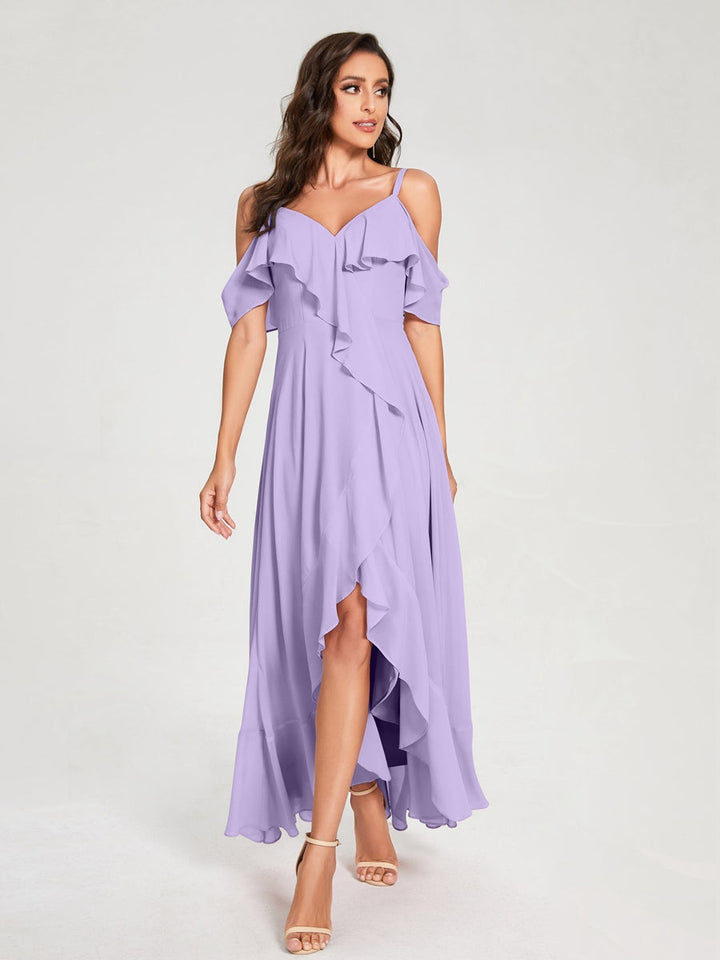 Ligne A/Princesse Bretelles Spaghetti Col en V Manches Courtes Asymétrique Bridemaid Robes avec Froufrous