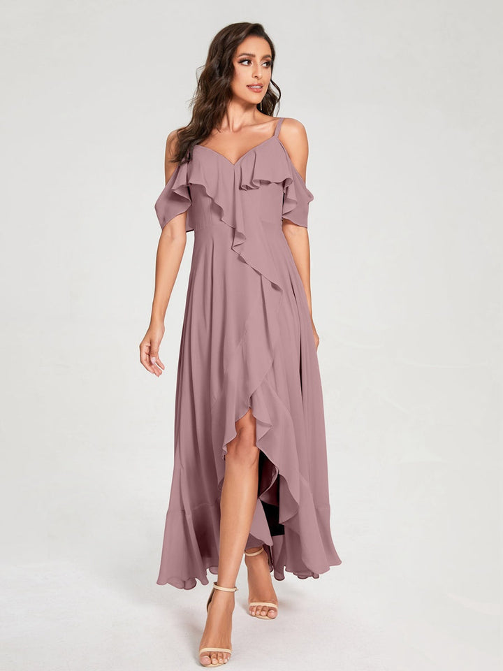 Ligne A/Princesse Bretelles Spaghetti Col en V Manches Courtes Asymétrique Bridemaid Robes avec Froufrous