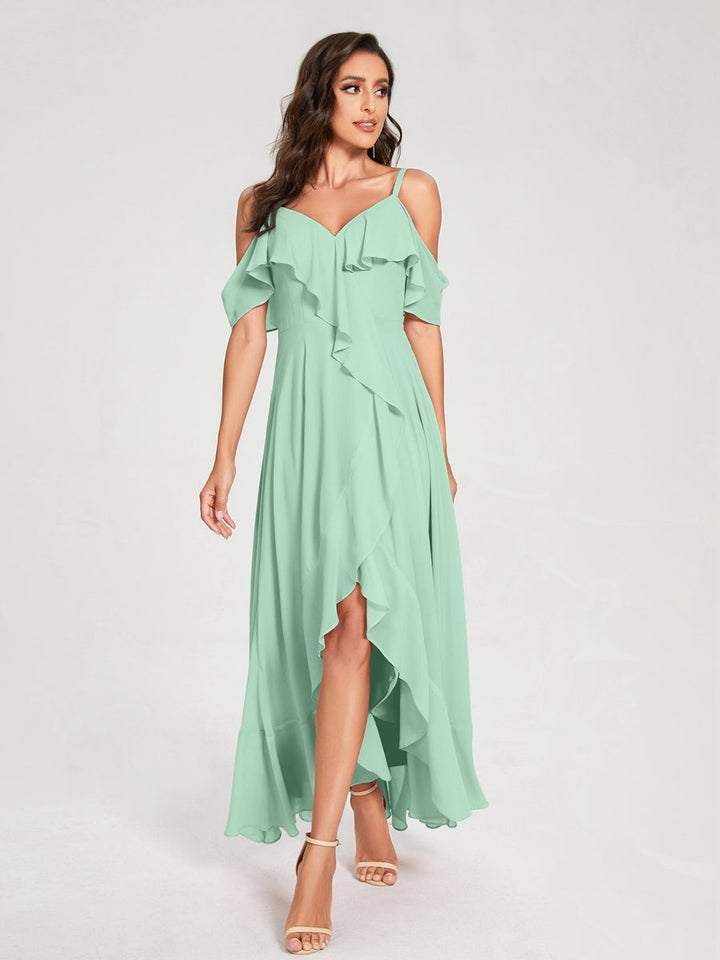 Ligne A/Princesse Bretelles Spaghetti Col en V Manches Courtes Asymétrique Bridemaid Robes avec Froufrous