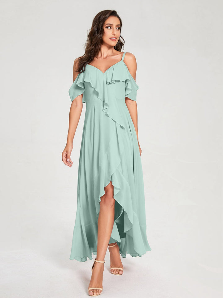 Ligne A/Princesse Bretelles Spaghetti Col en V Manches Courtes Asymétrique Bridemaid Robes avec Froufrous
