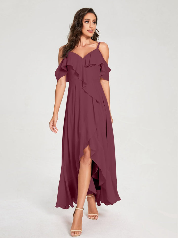 Ligne A/Princesse Bretelles Spaghetti Col en V Manches Courtes Asymétrique Bridemaid Robes avec Froufrous
