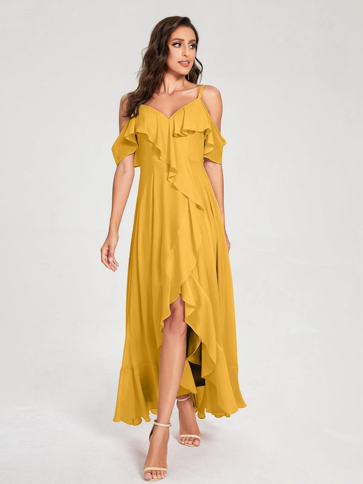 Ligne A/Princesse Bretelles Spaghetti Col en V Manches Courtes Asymétrique Bridemaid Robes avec Froufrous