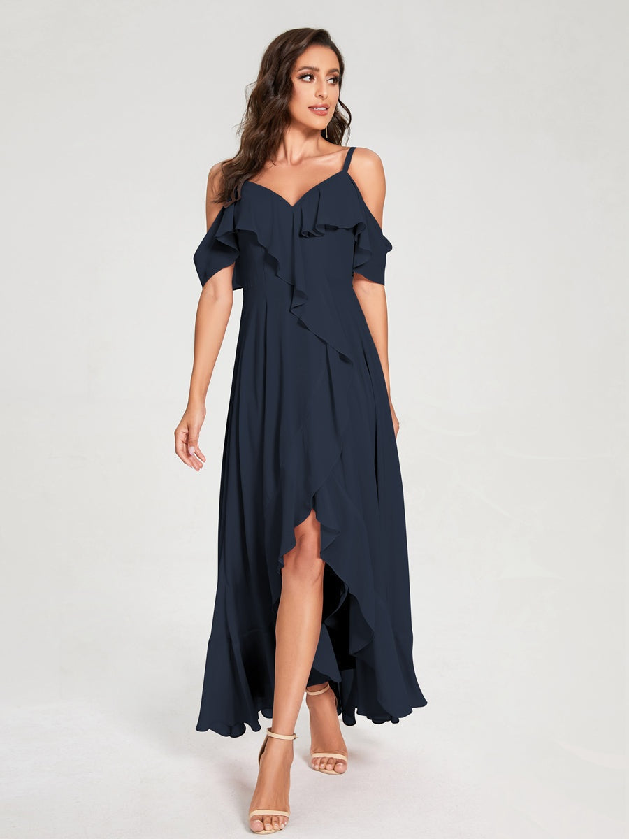Ligne A/Princesse Bretelles Spaghetti Col en V Manches Courtes Asymétrique Bridemaid Robes avec Froufrous