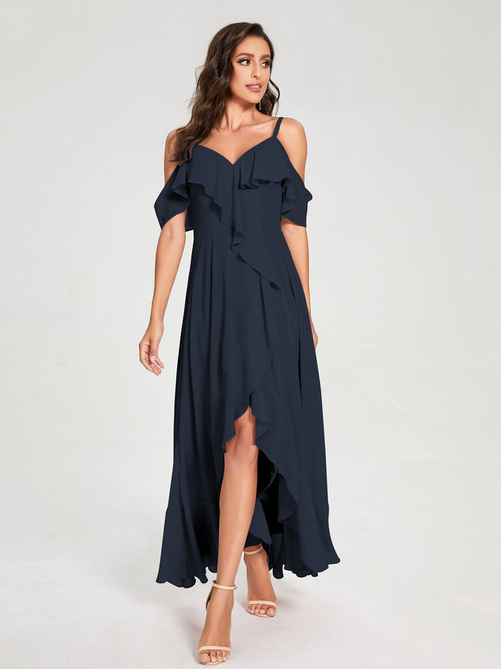 Ligne A/Princesse Bretelles Spaghetti Col en V Manches Courtes Asymétrique Bridemaid Robes avec Froufrous