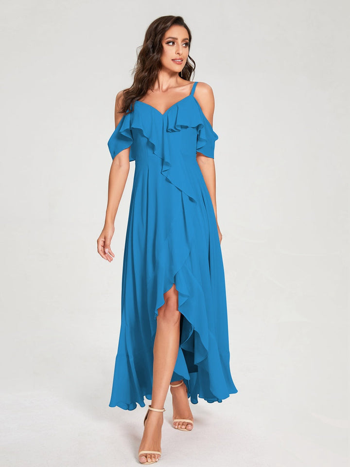 Ligne A/Princesse Bretelles Spaghetti Col en V Manches Courtes Asymétrique Bridemaid Robes avec Froufrous