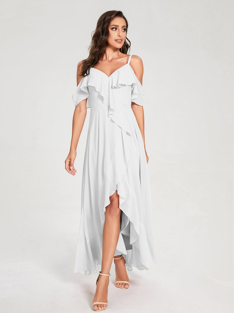 Ligne A/Princesse Bretelles Spaghetti Col en V Manches Courtes Asymétrique Bridemaid Robes avec Froufrous