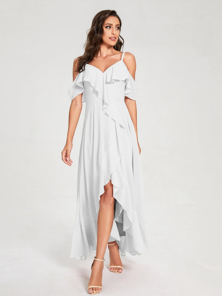 Ligne A/Princesse Bretelles Spaghetti Col en V Manches Courtes Asymétrique Bridemaid Robes avec Froufrous
