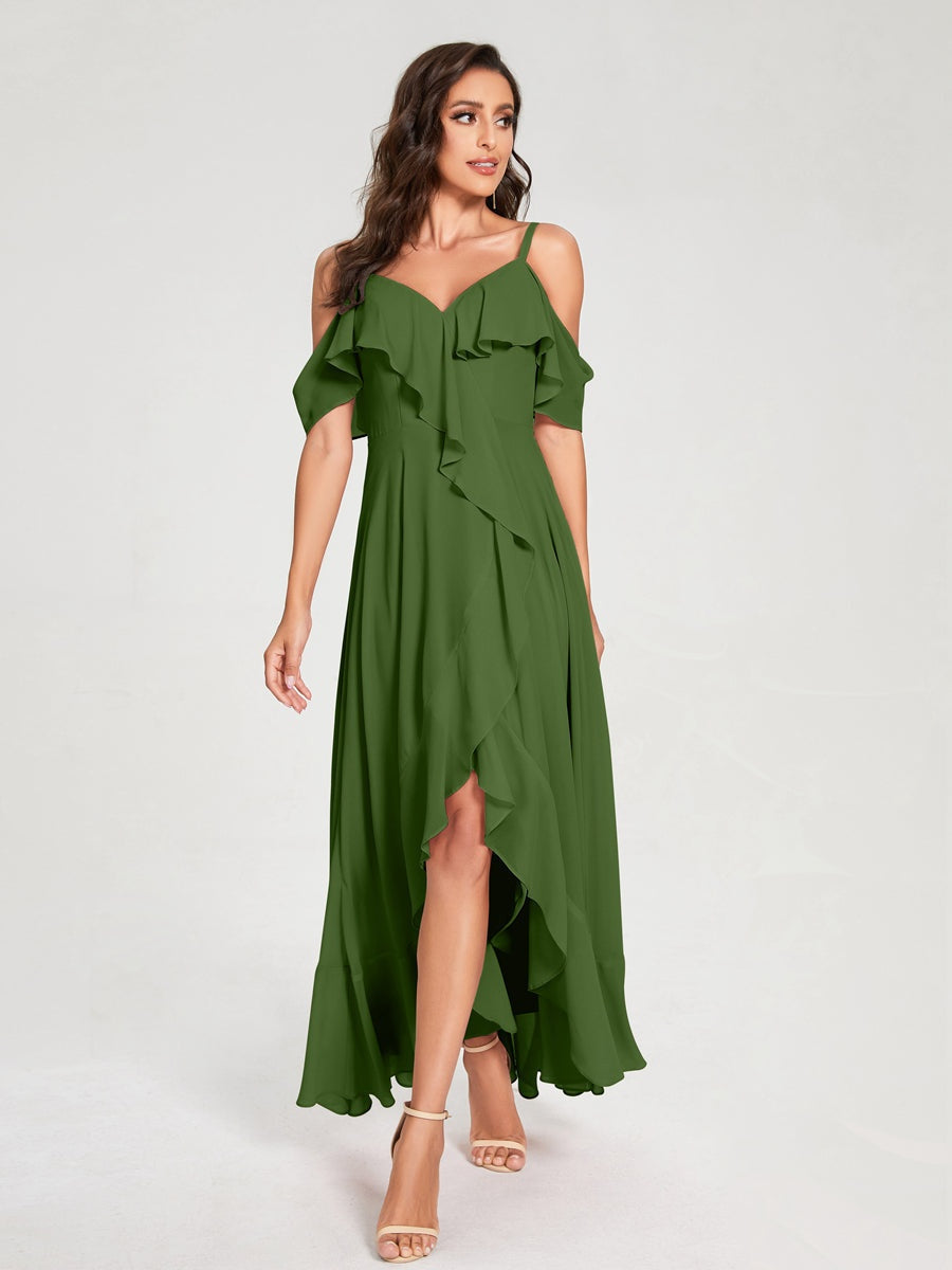 Ligne A/Princesse Bretelles Spaghetti Col en V Manches Courtes Asymétrique Bridemaid Robes avec Froufrous