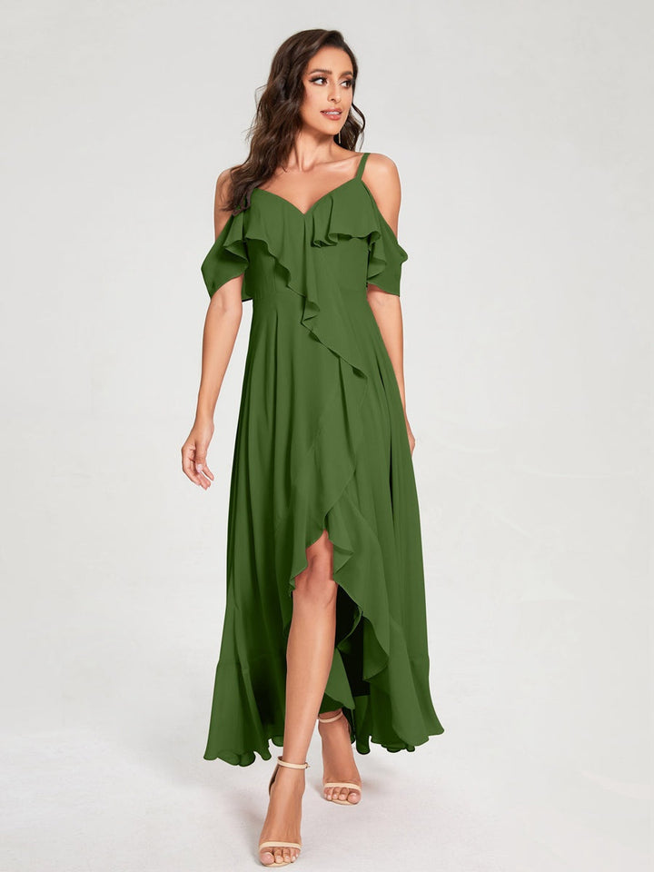Ligne A/Princesse Bretelles Spaghetti Col en V Manches Courtes Asymétrique Bridemaid Robes avec Froufrous