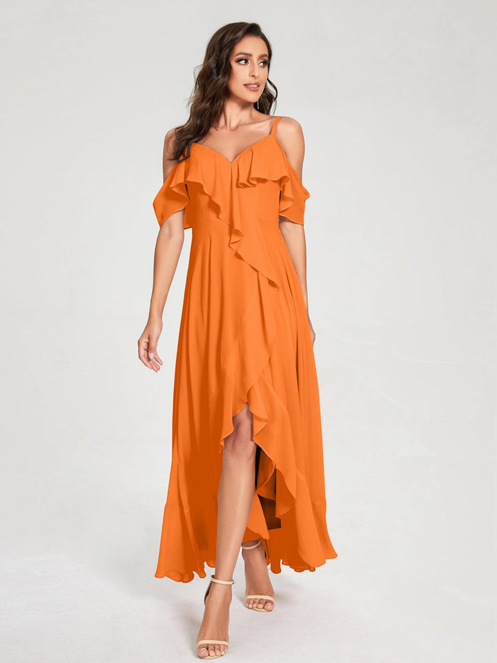 Ligne A/Princesse Bretelles Spaghetti Col en V Manches Courtes Asymétrique Bridemaid Robes avec Froufrous