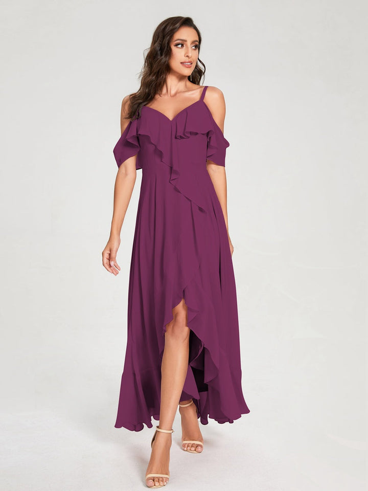 Ligne A/Princesse Bretelles Spaghetti Col en V Manches Courtes Asymétrique Bridemaid Robes avec Froufrous