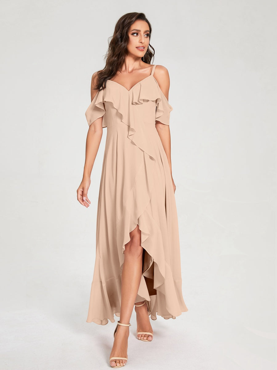Ligne A/Princesse Bretelles Spaghetti Col en V Manches Courtes Asymétrique Bridemaid Robes avec Froufrous