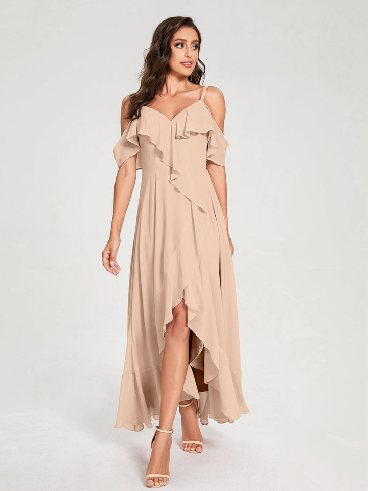 Ligne A/Princesse Bretelles Spaghetti Col en V Manches Courtes Asymétrique Bridemaid Robes avec Froufrous