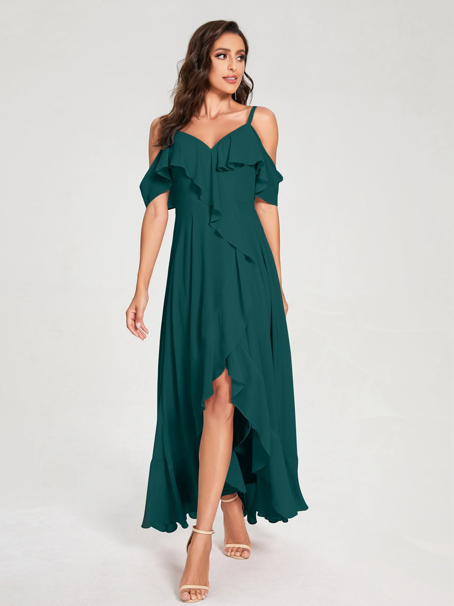 Ligne A/Princesse Bretelles Spaghetti Col en V Manches Courtes Asymétrique Bridemaid Robes avec Froufrous