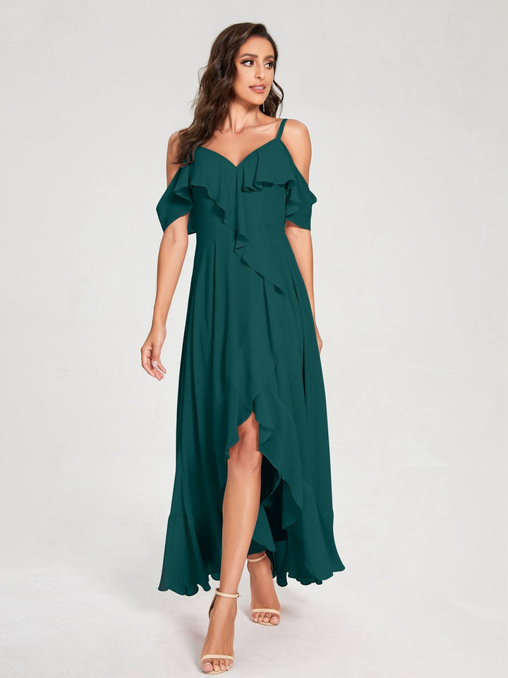 Ligne A/Princesse Bretelles Spaghetti Col en V Manches Courtes Asymétrique Bridemaid Robes avec Froufrous