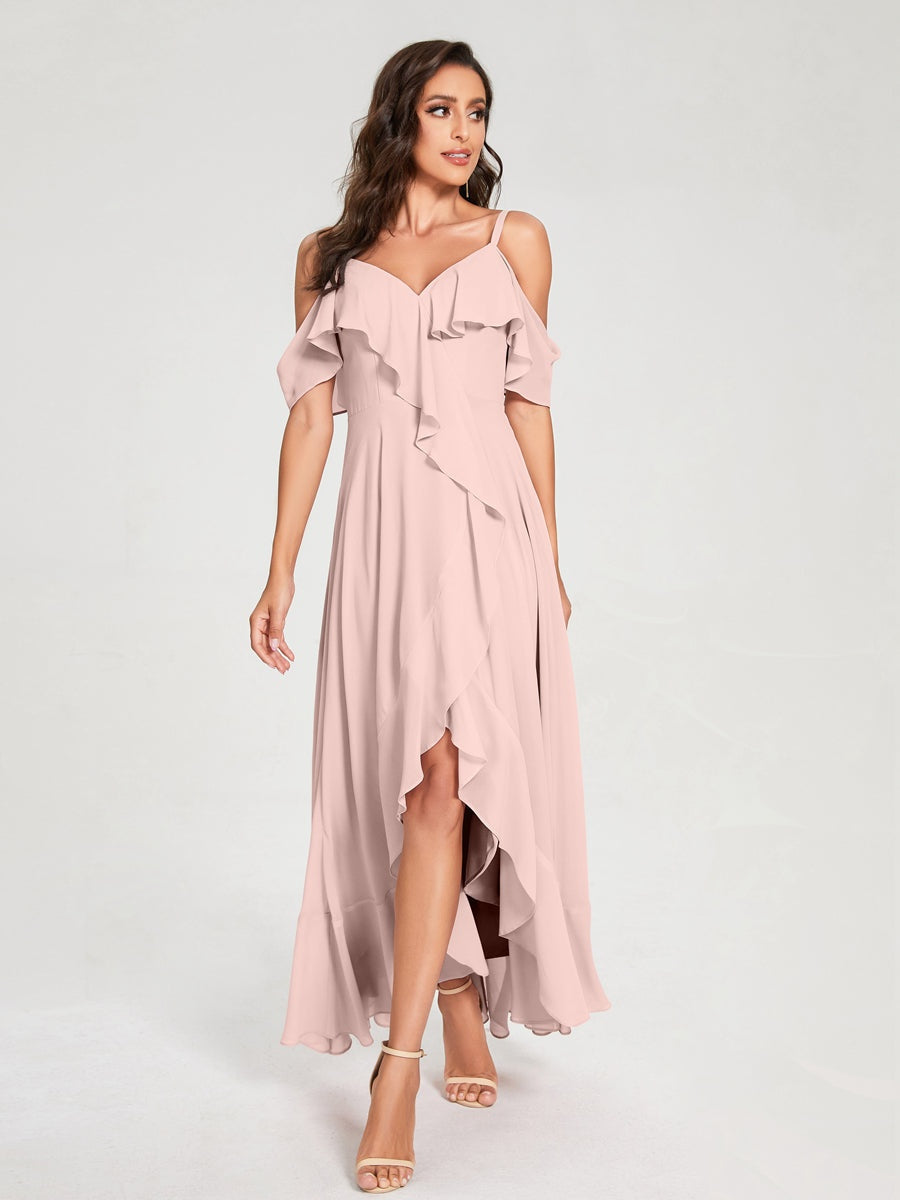 Ligne A/Princesse Bretelles Spaghetti Col en V Manches Courtes Asymétrique Bridemaid Robes avec Froufrous