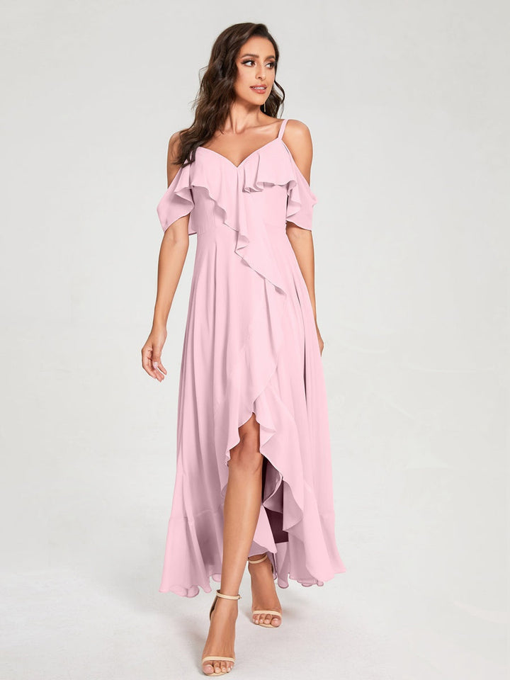 Ligne A/Princesse Bretelles Spaghetti Col en V Manches Courtes Asymétrique Bridemaid Robes avec Froufrous