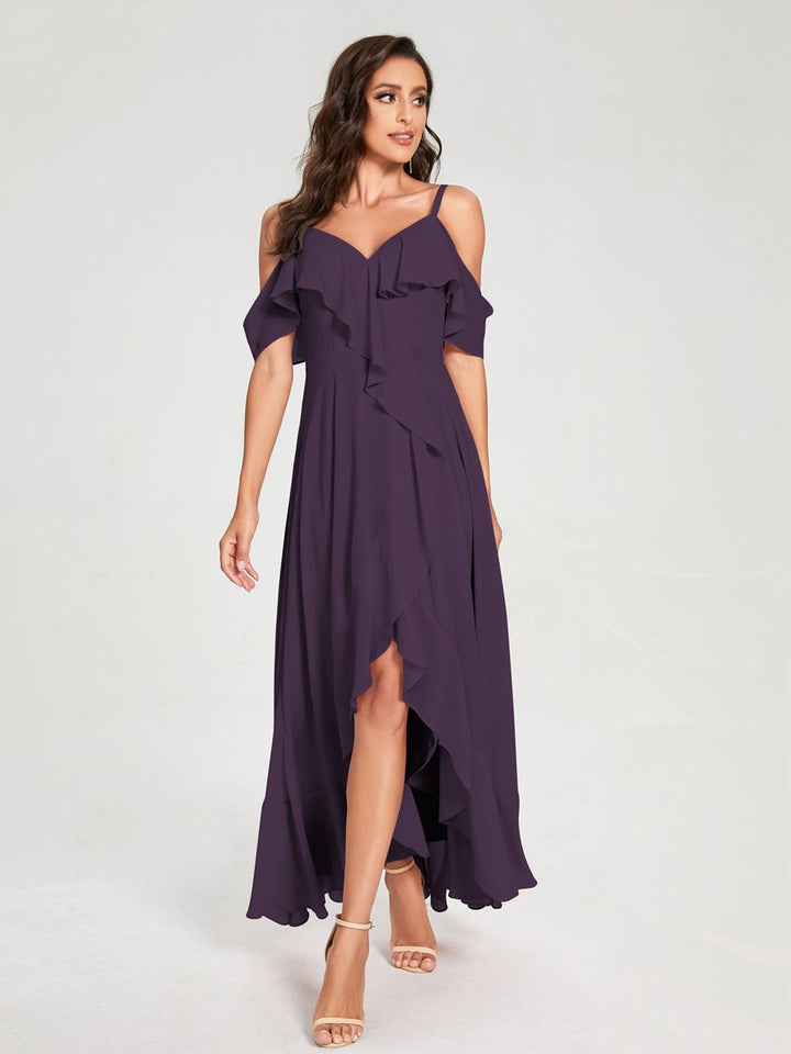 Ligne A/Princesse Bretelles Spaghetti Col en V Manches Courtes Asymétrique Bridemaid Robes avec Froufrous