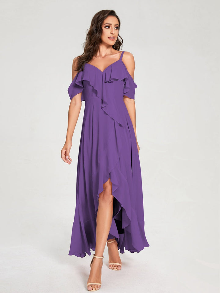 Ligne A/Princesse Bretelles Spaghetti Col en V Manches Courtes Asymétrique Bridemaid Robes avec Froufrous