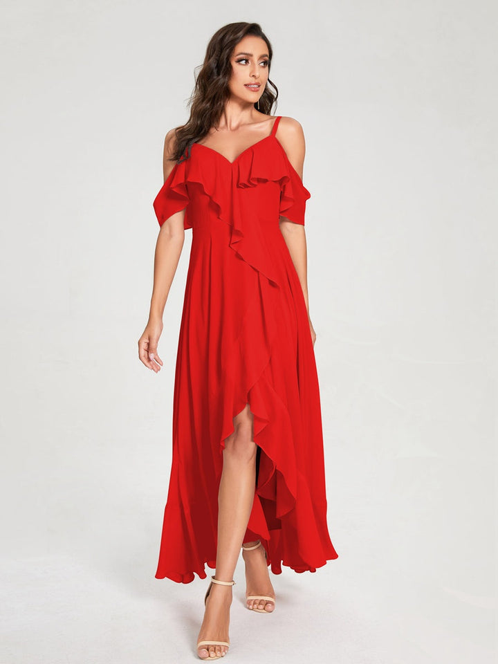 Ligne A/Princesse Bretelles Spaghetti Col en V Manches Courtes Asymétrique Bridemaid Robes avec Froufrous