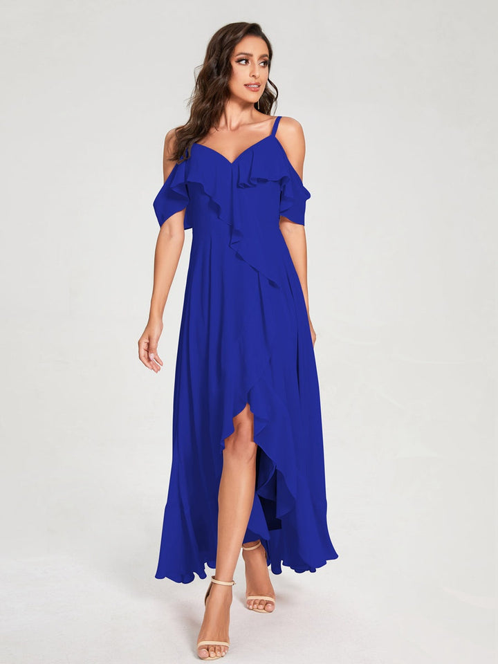 Ligne A/Princesse Bretelles Spaghetti Col en V Manches Courtes Asymétrique Bridemaid Robes avec Froufrous