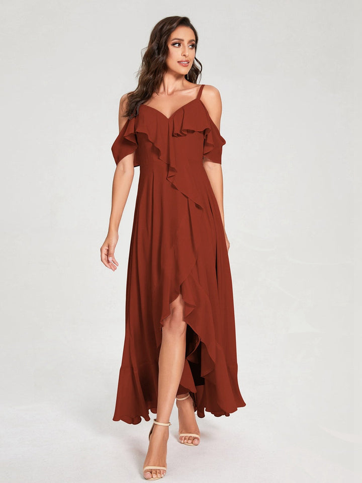 Ligne A/Princesse Bretelles Spaghetti Col en V Manches Courtes Asymétrique Bridemaid Robes avec Froufrous