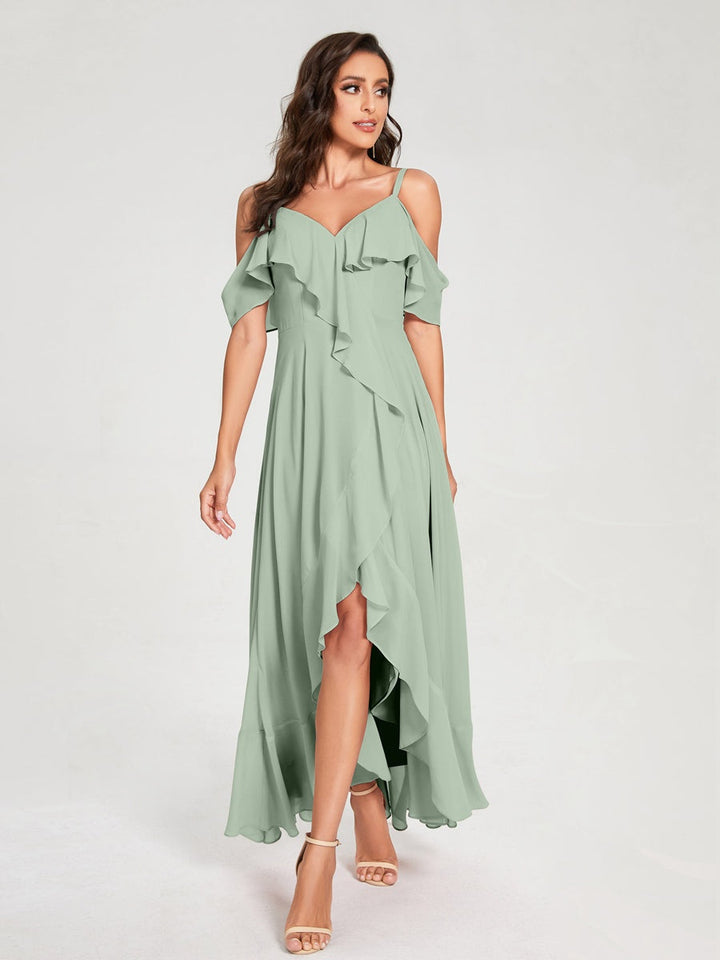Ligne A/Princesse Bretelles Spaghetti Col en V Manches Courtes Asymétrique Bridemaid Robes avec Froufrous