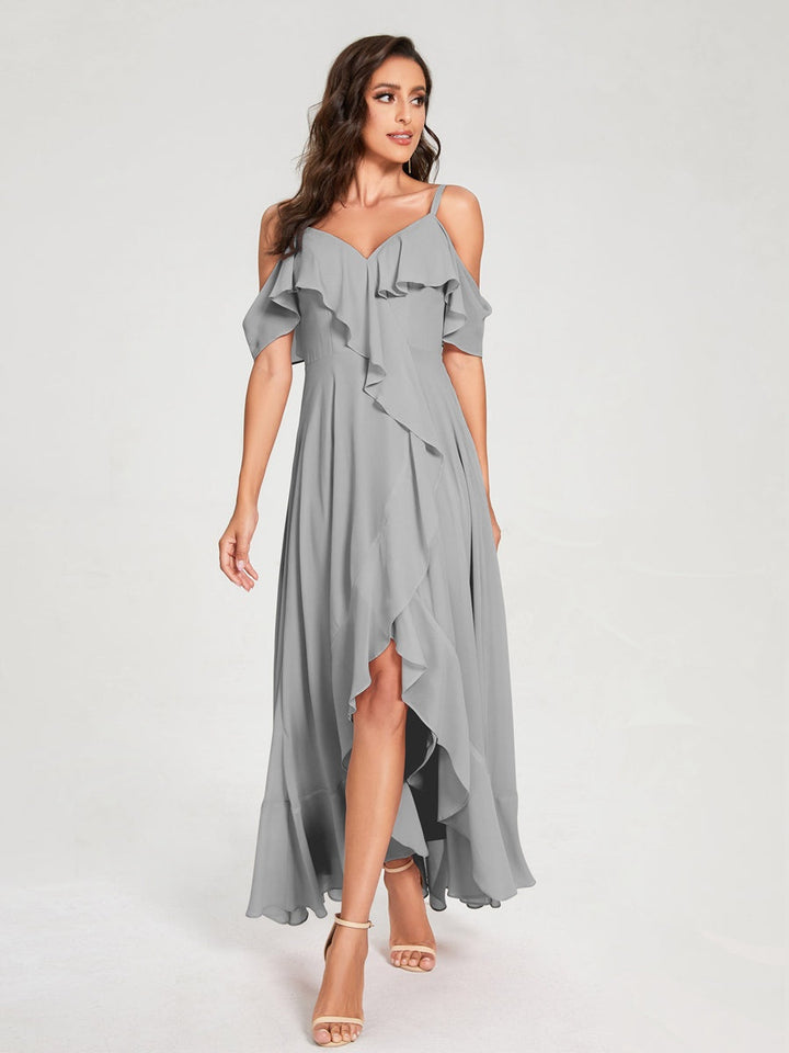 Ligne A/Princesse Bretelles Spaghetti Col en V Manches Courtes Asymétrique Bridemaid Robes avec Froufrous