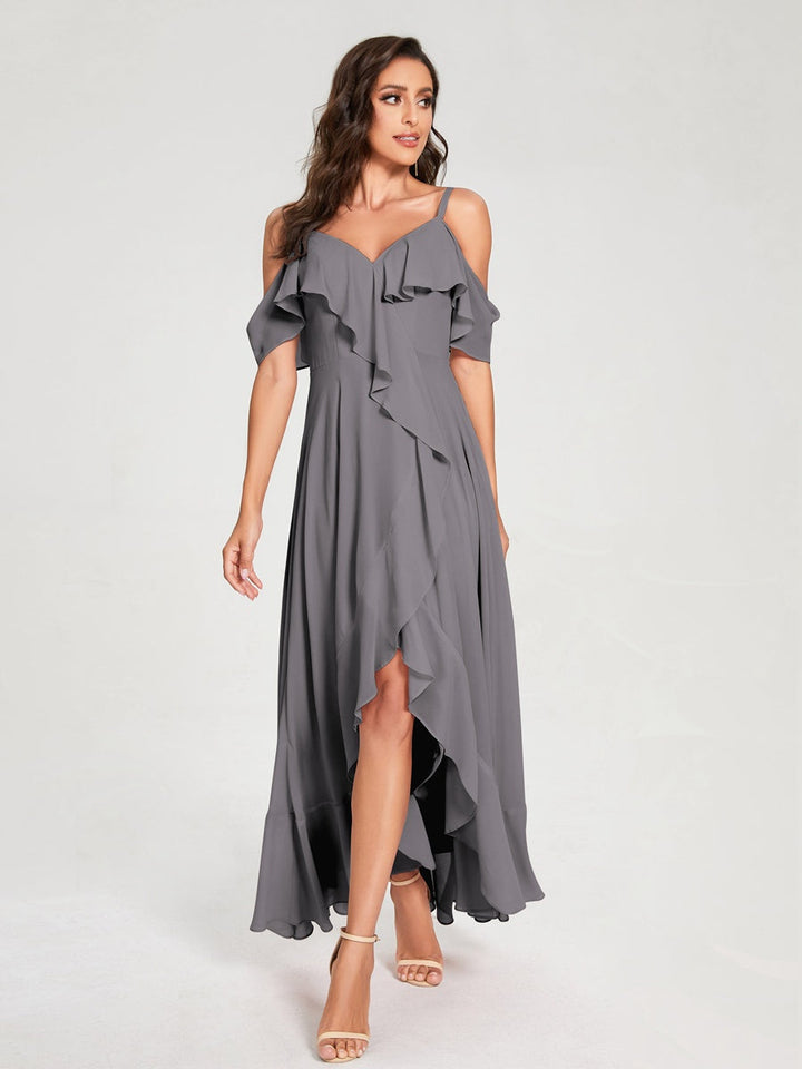 Ligne A/Princesse Bretelles Spaghetti Col en V Manches Courtes Asymétrique Bridemaid Robes avec Froufrous