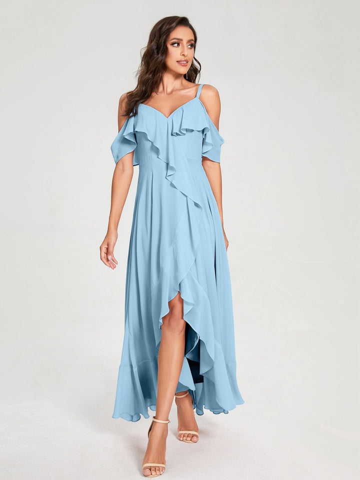 Ligne A/Princesse Bretelles Spaghetti Col en V Manches Courtes Asymétrique Bridemaid Robes avec Froufrous