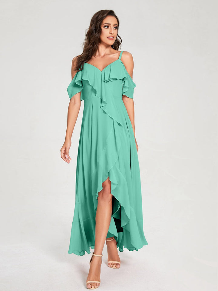 Ligne A/Princesse Bretelles Spaghetti Col en V Manches Courtes Asymétrique Bridemaid Robes avec Froufrous