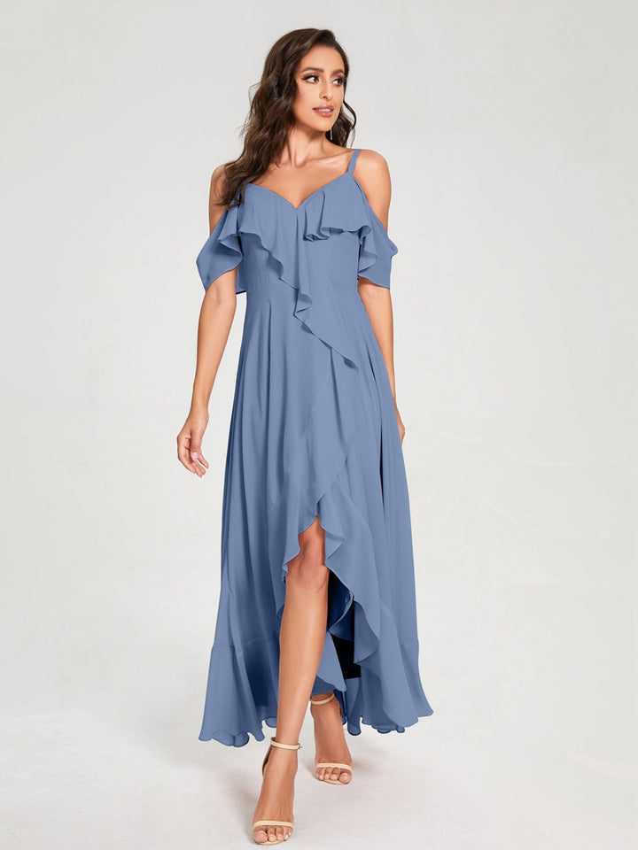Ligne A/Princesse Bretelles Spaghetti Col en V Manches Courtes Asymétrique Bridemaid Robes avec Froufrous