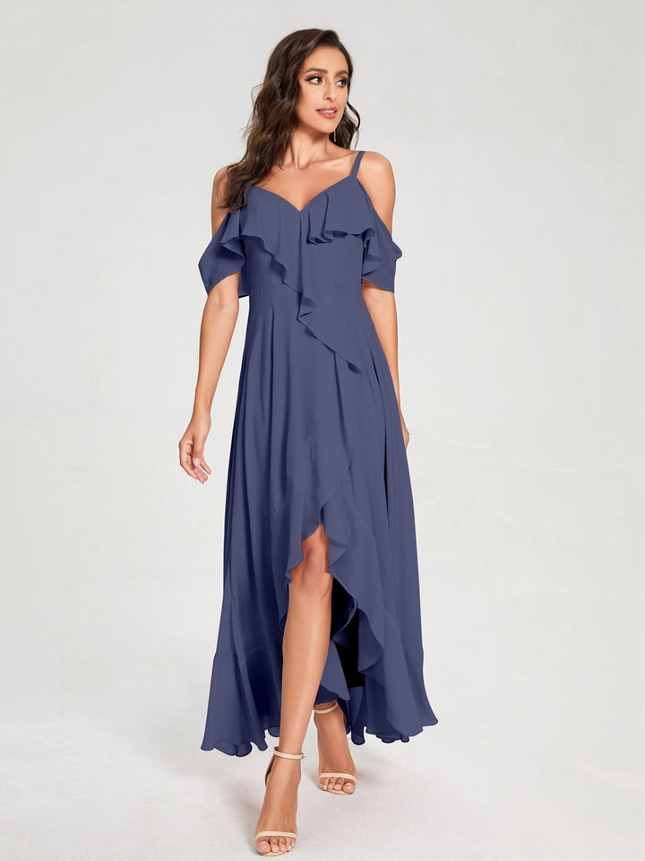 Ligne A/Princesse Bretelles Spaghetti Col en V Manches Courtes Asymétrique Bridemaid Robes avec Froufrous