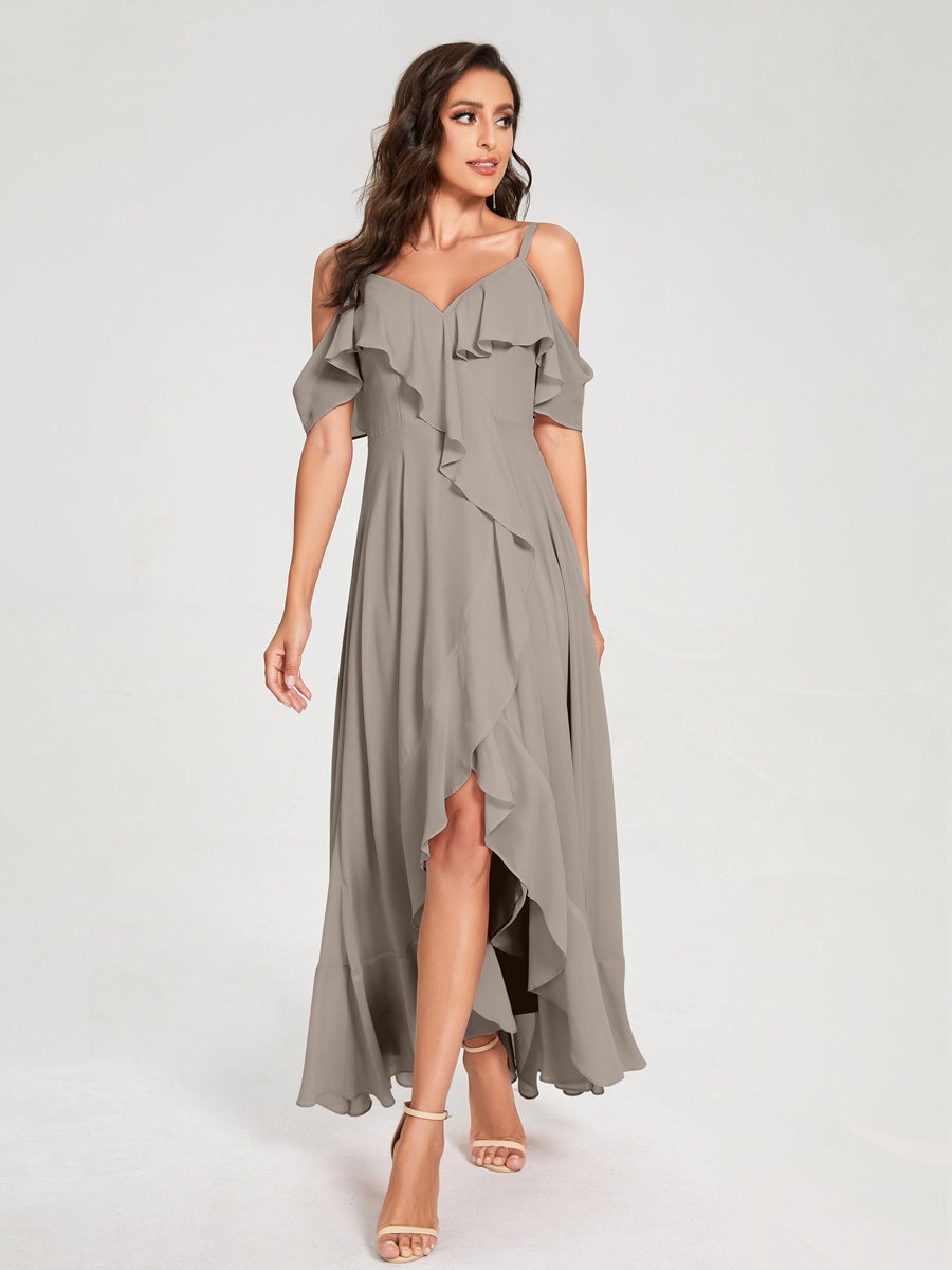Ligne A/Princesse Bretelles Spaghetti Col en V Manches Courtes Asymétrique Bridemaid Robes avec Froufrous