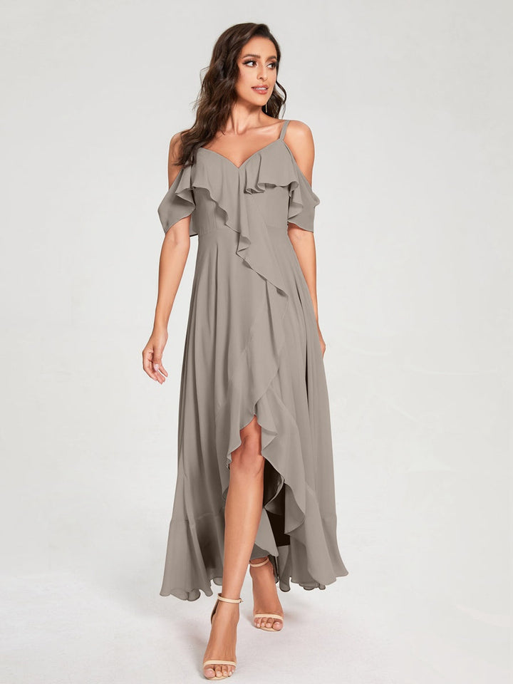 Ligne A/Princesse Bretelles Spaghetti Col en V Manches Courtes Asymétrique Bridemaid Robes avec Froufrous